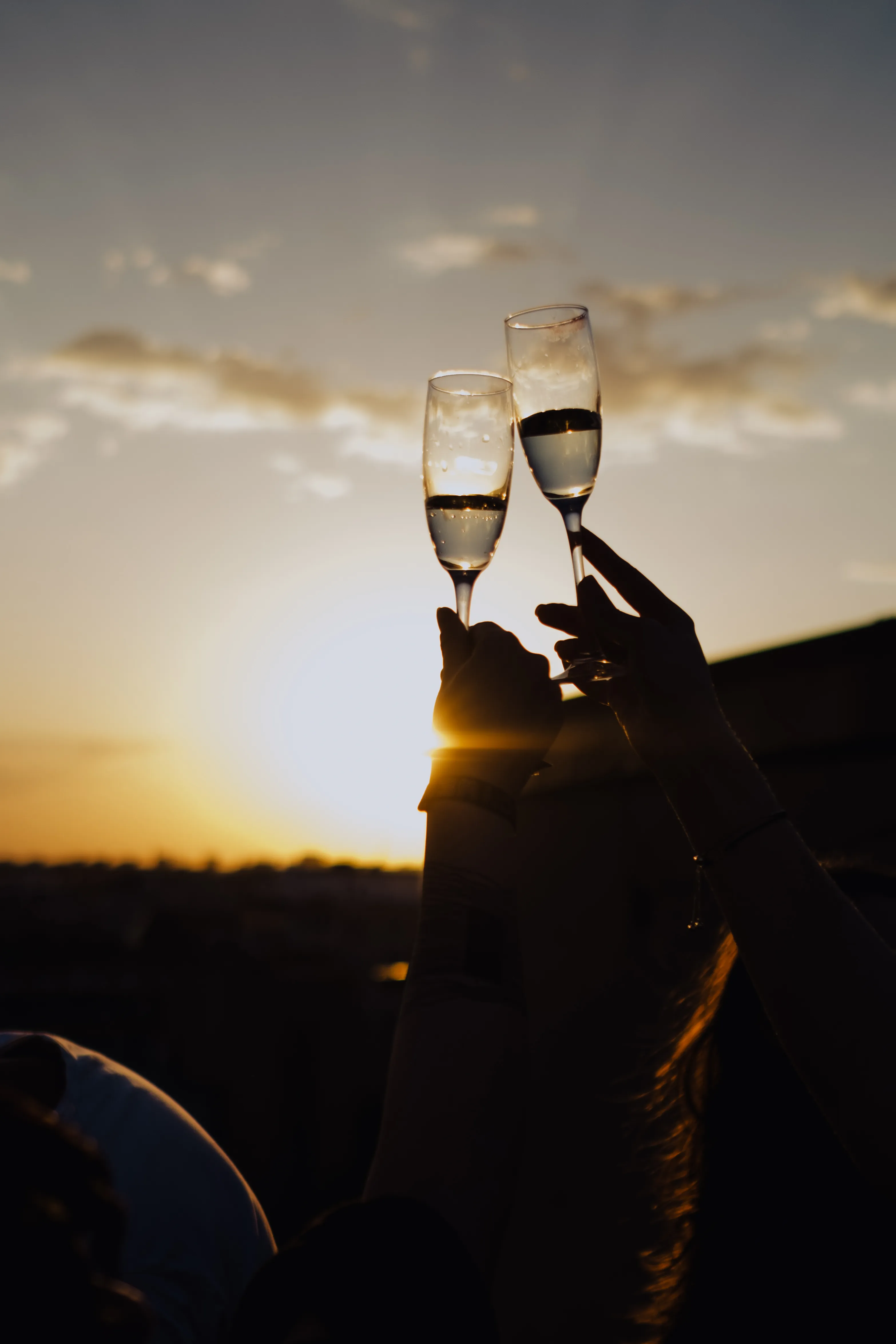 Two hands clinking champagne glasses in silhouette against the setting sun