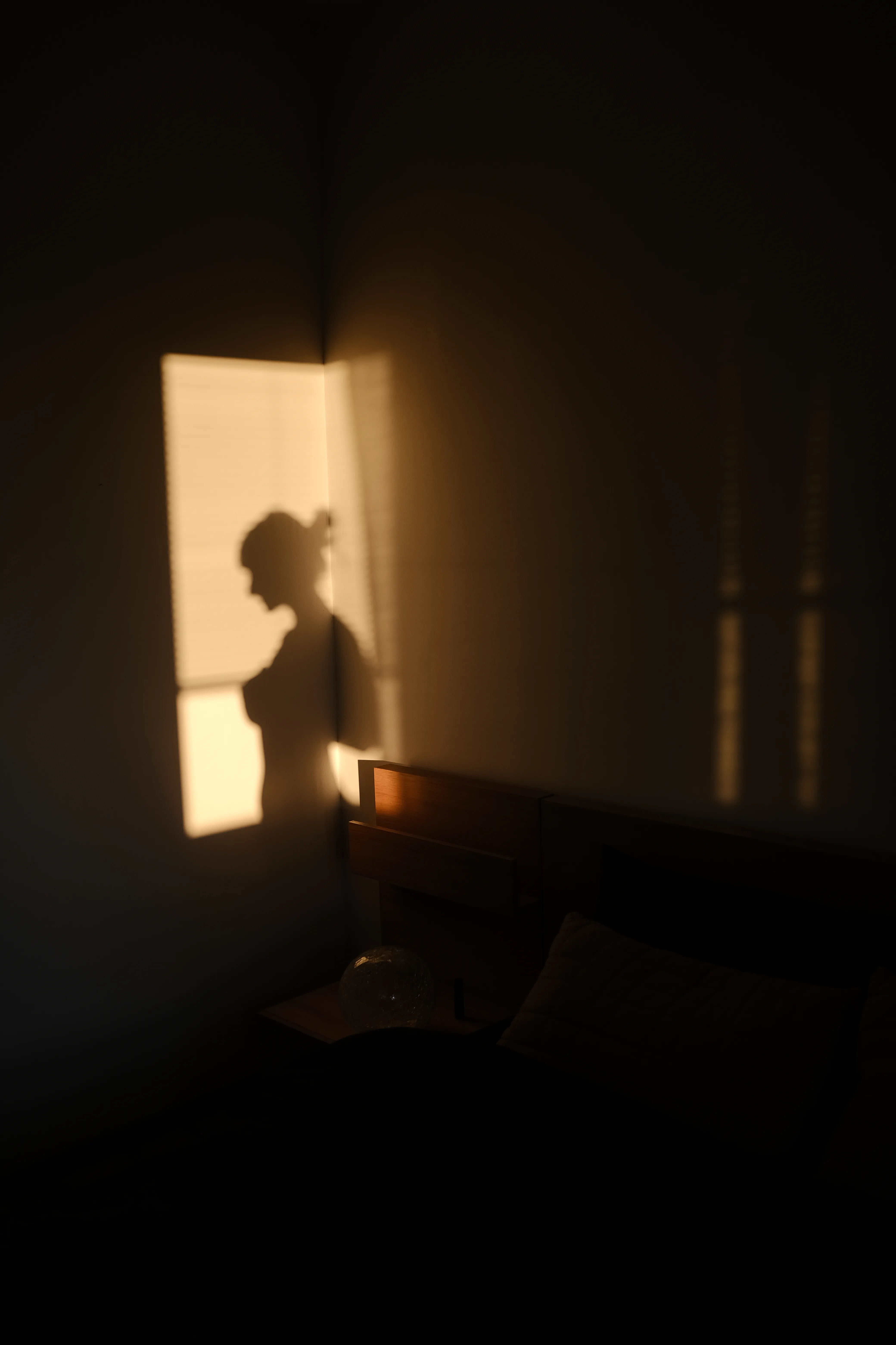 A woman silhouetted against warm window light in a dim interior, evening lamp beside her