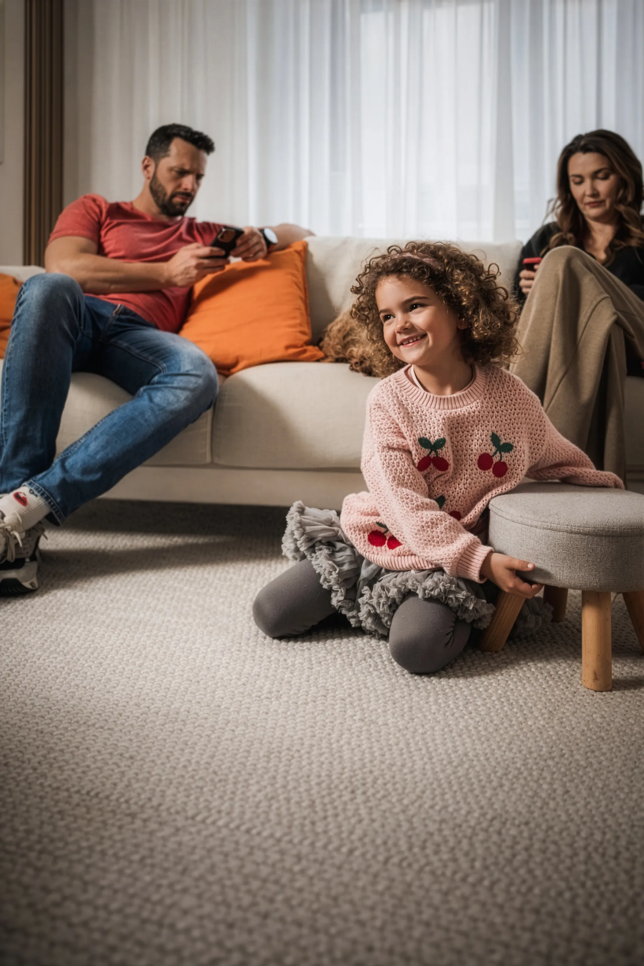 A father and mother sit on a sofa in a bright living room while a young girl sits smiling on the carpet in the foreground