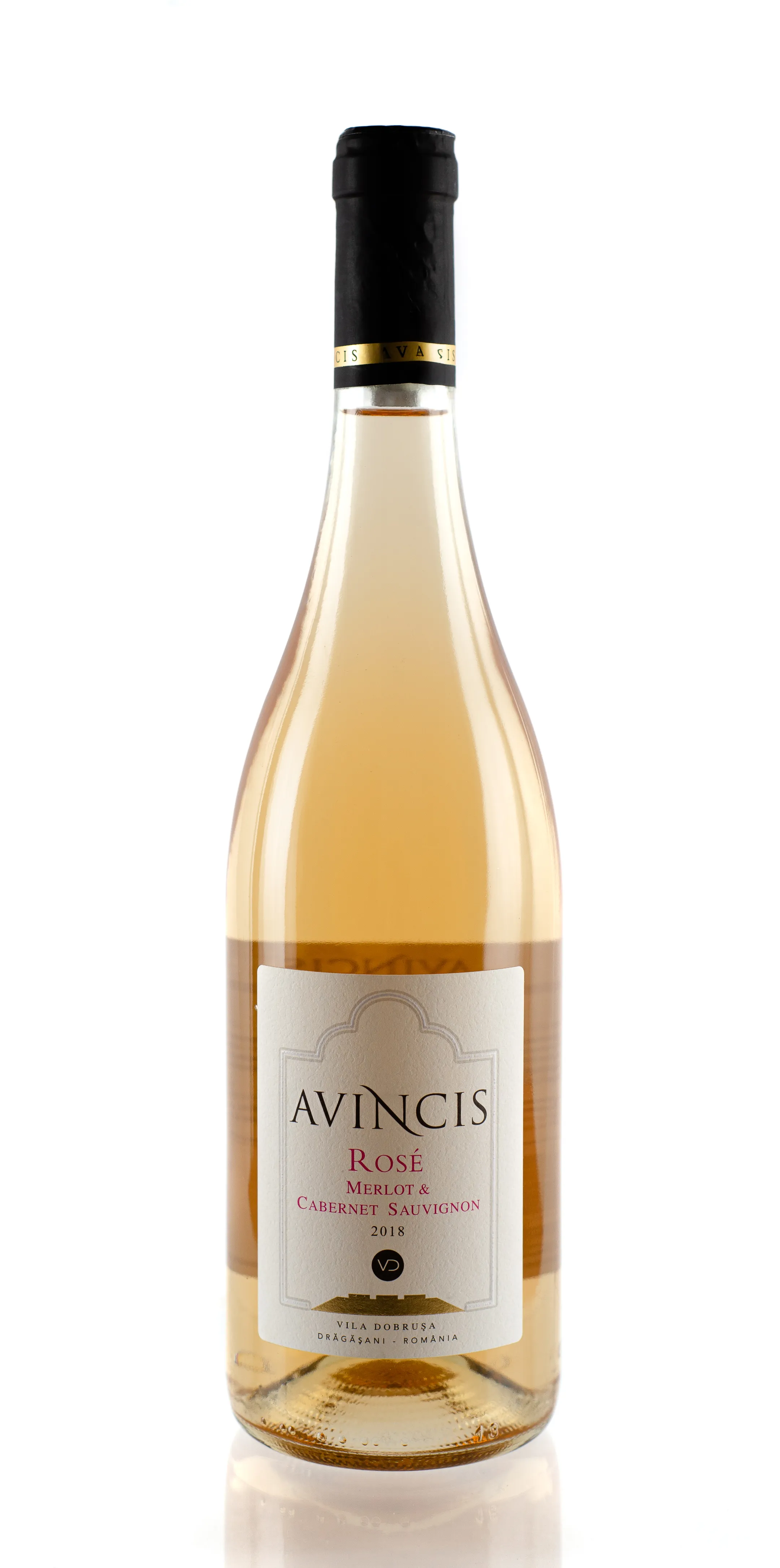 A rosé wine bottle, isolated on a pure white background